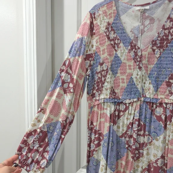 MAURICES Patchwork Floral Print Long Sleeve Peplum Top, V Neck, Smocked Chest - Picture 4 of 15